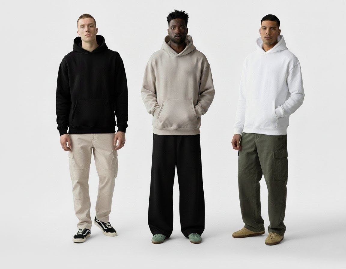 Three models wearing custom hoodies